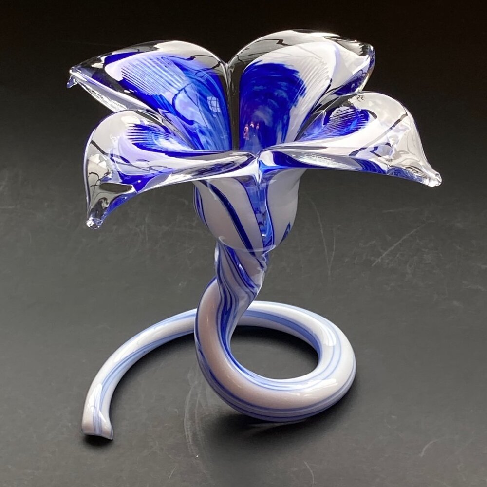 Handblown Glass Murano Style Blue & White Flower Candlestick Holder Curled Base